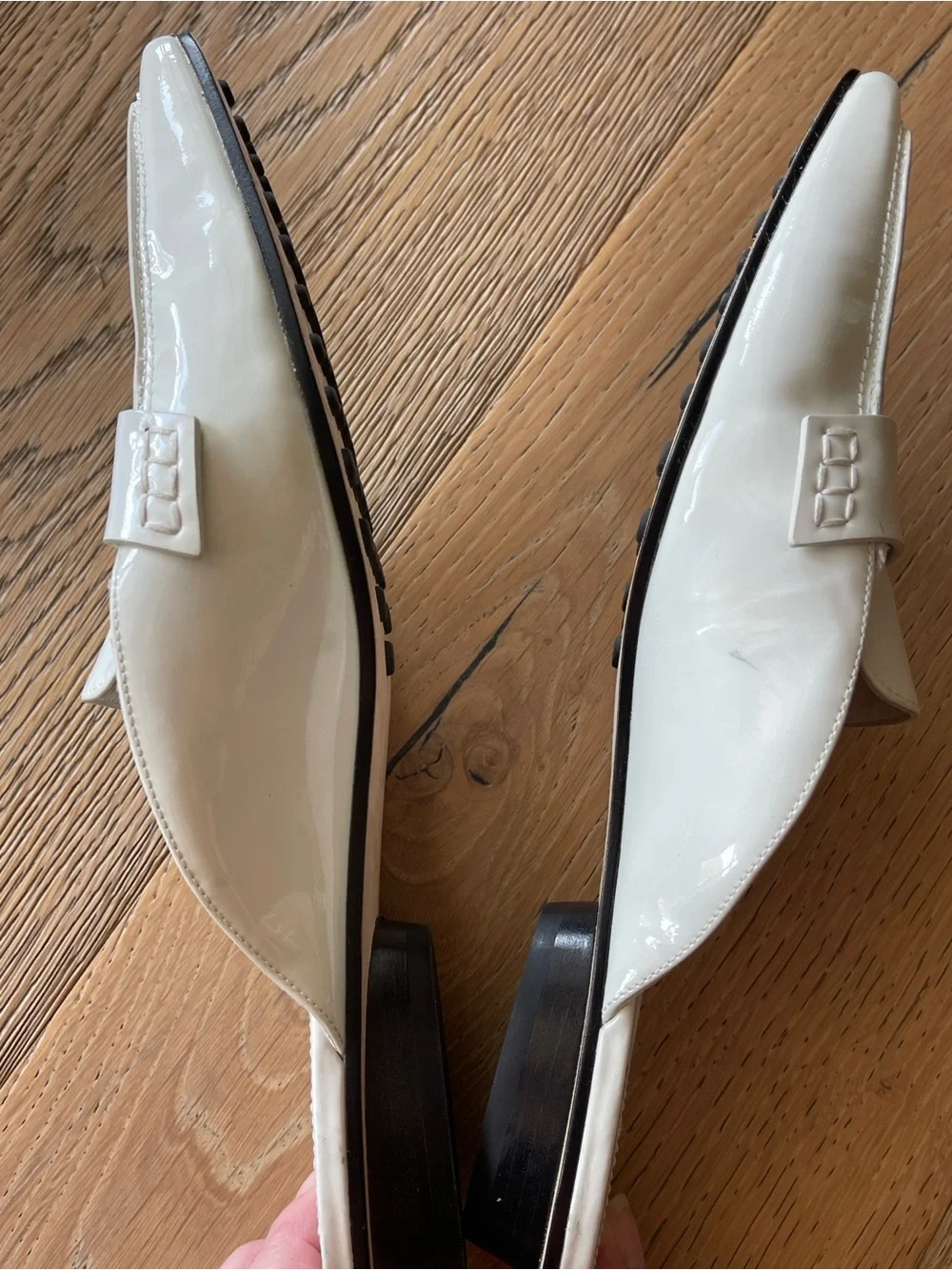 Tory Burch Cream Patent Leather Pointed Mule with Gold Logo